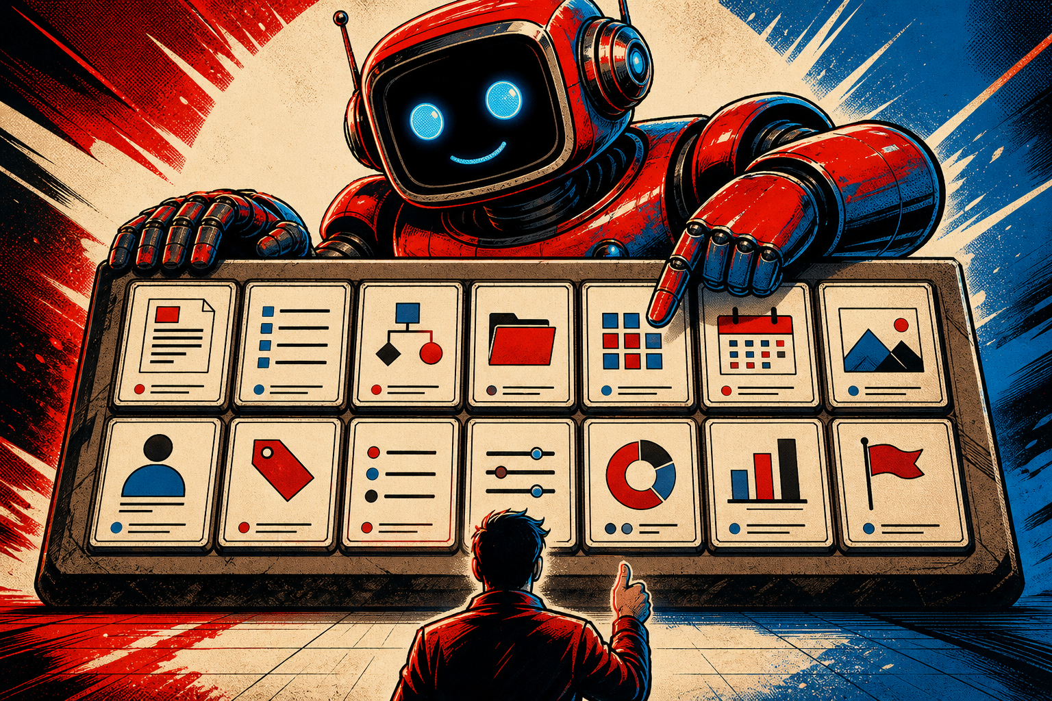 A retro robot editor checking a neatly ordered YAML document as it moves through Markdown, Astro, and browser stages