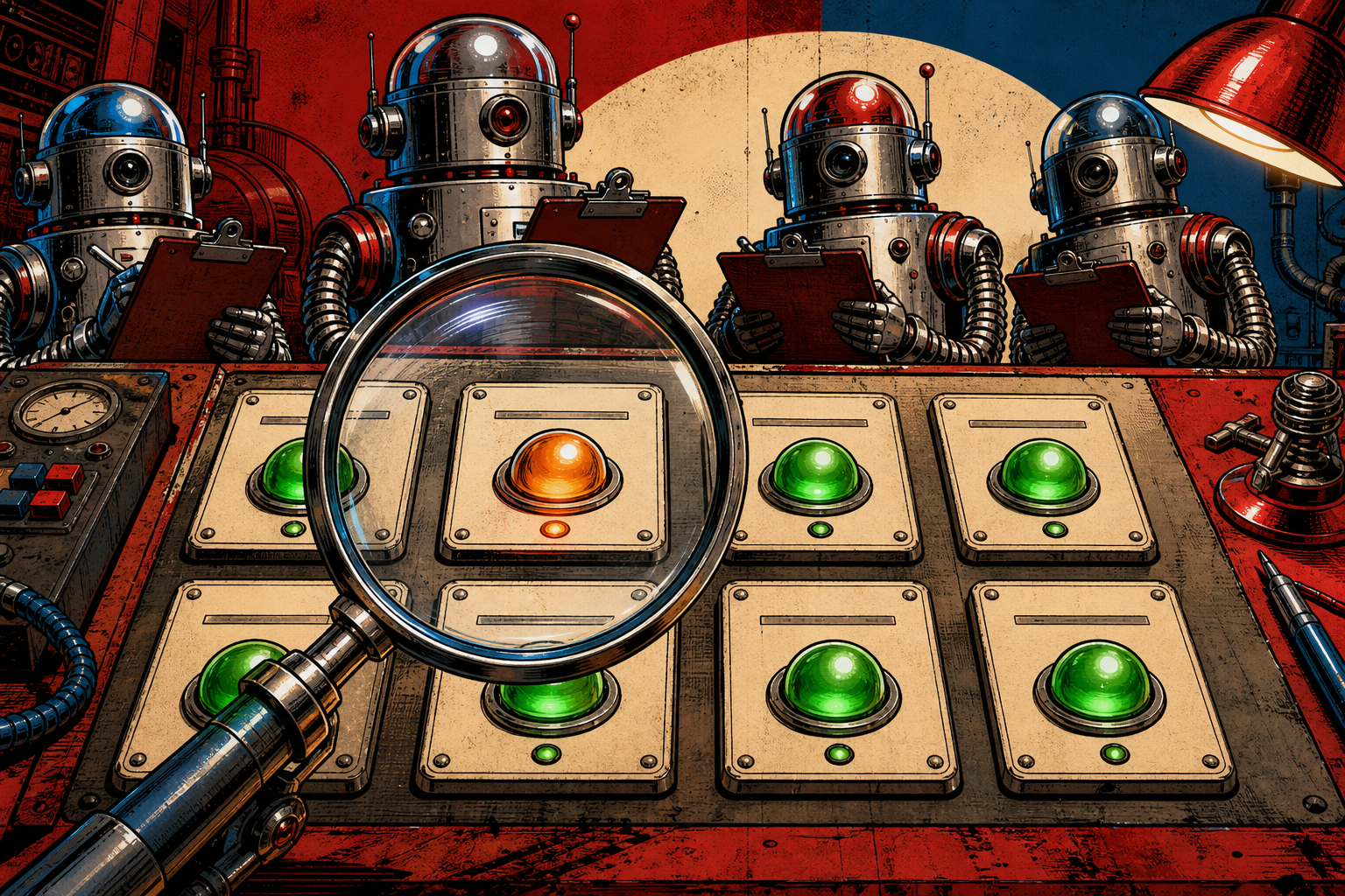 Eight numbered diagnostic cards laid out on a workbench — each labeled with a regression script name and an amber or green indicator light. A magnifying glass focuses on the amber one.