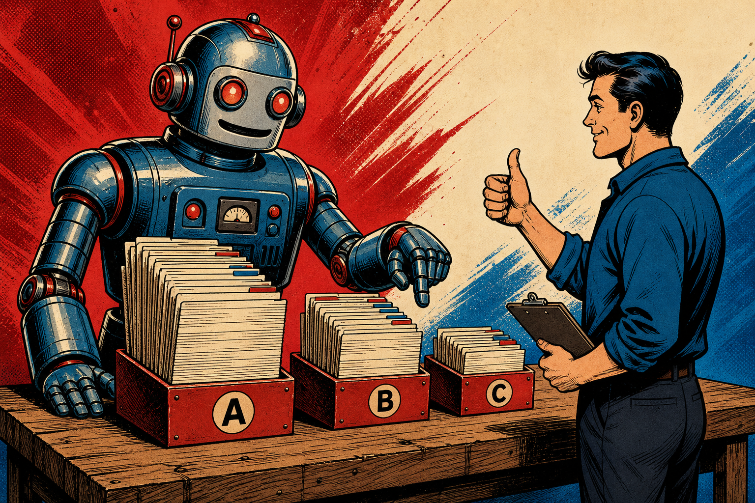 A friendly retro robot at a long sort table with three stacks of review cards labeled A / B / C; within each stack the cards are arranged by score and date, while a small human figure inspects the top of stack A and approves the order.