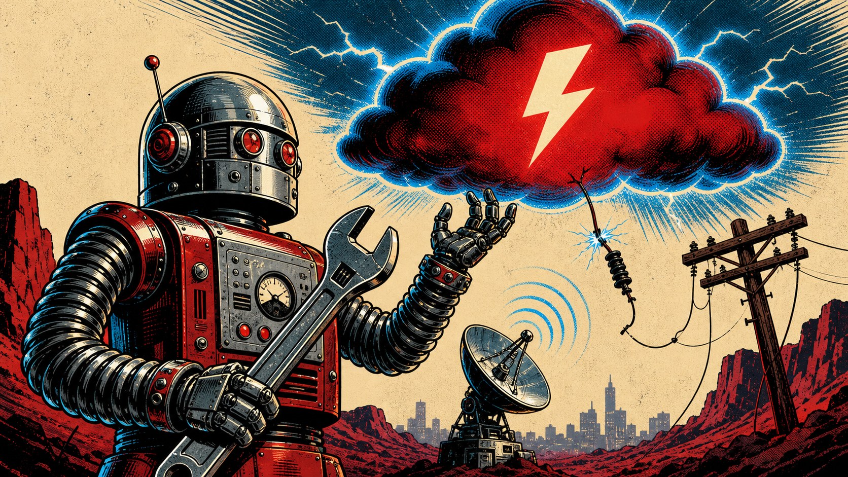 Retro editorial illustration of a chrome-domed robot holding a giant wrench, examining a glowing cloud labeled with a lightning bolt, while a small radar dish nearby scans for signal.