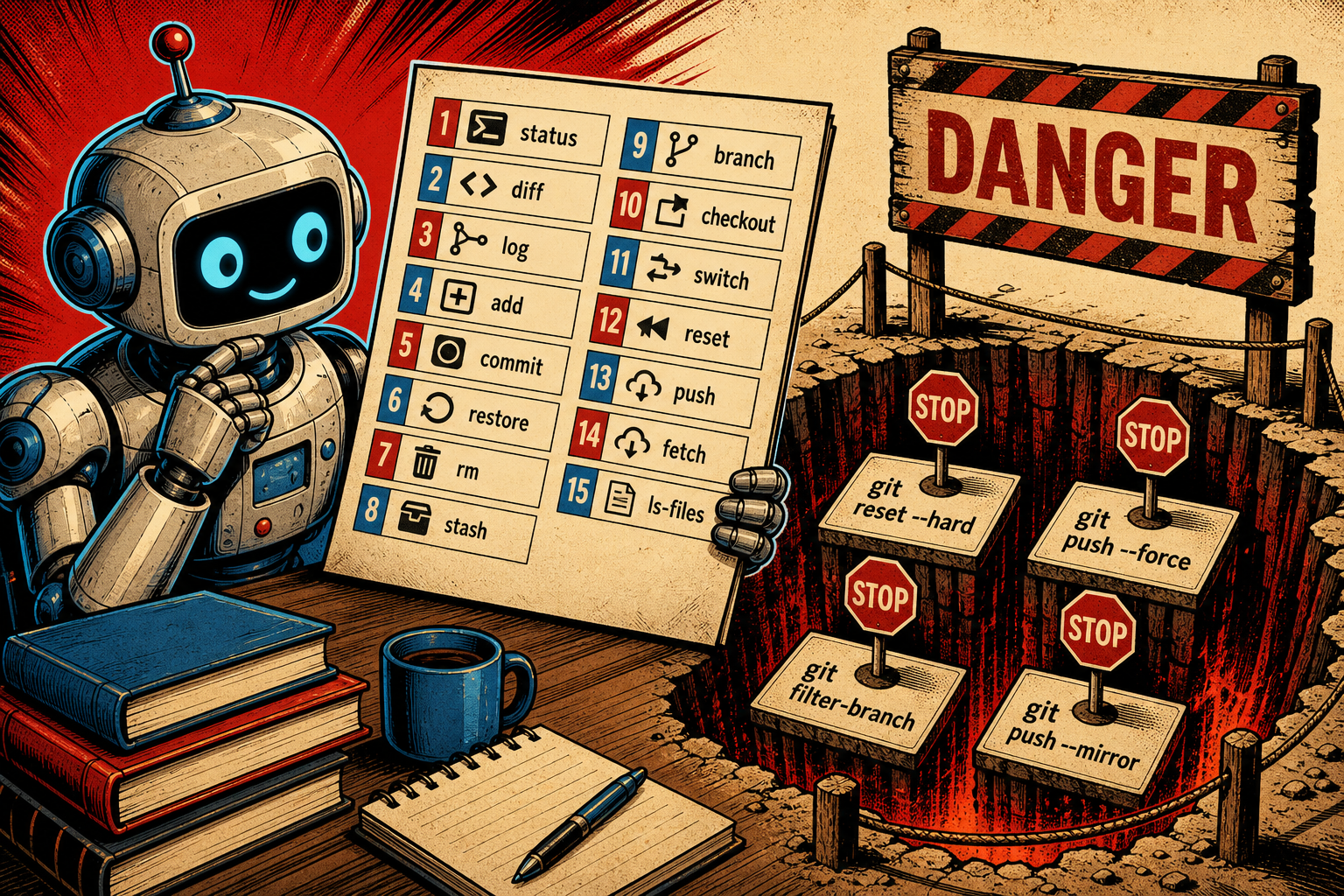A friendly retro robot at a wooden desk studying a cheat sheet of 15 numbered git command cards. To one side, an open pit marked DANGER with four warning cards — git reset --hard, git push --force, git filter-branch, and git push --mirror — each guarded by a red STOP sign.