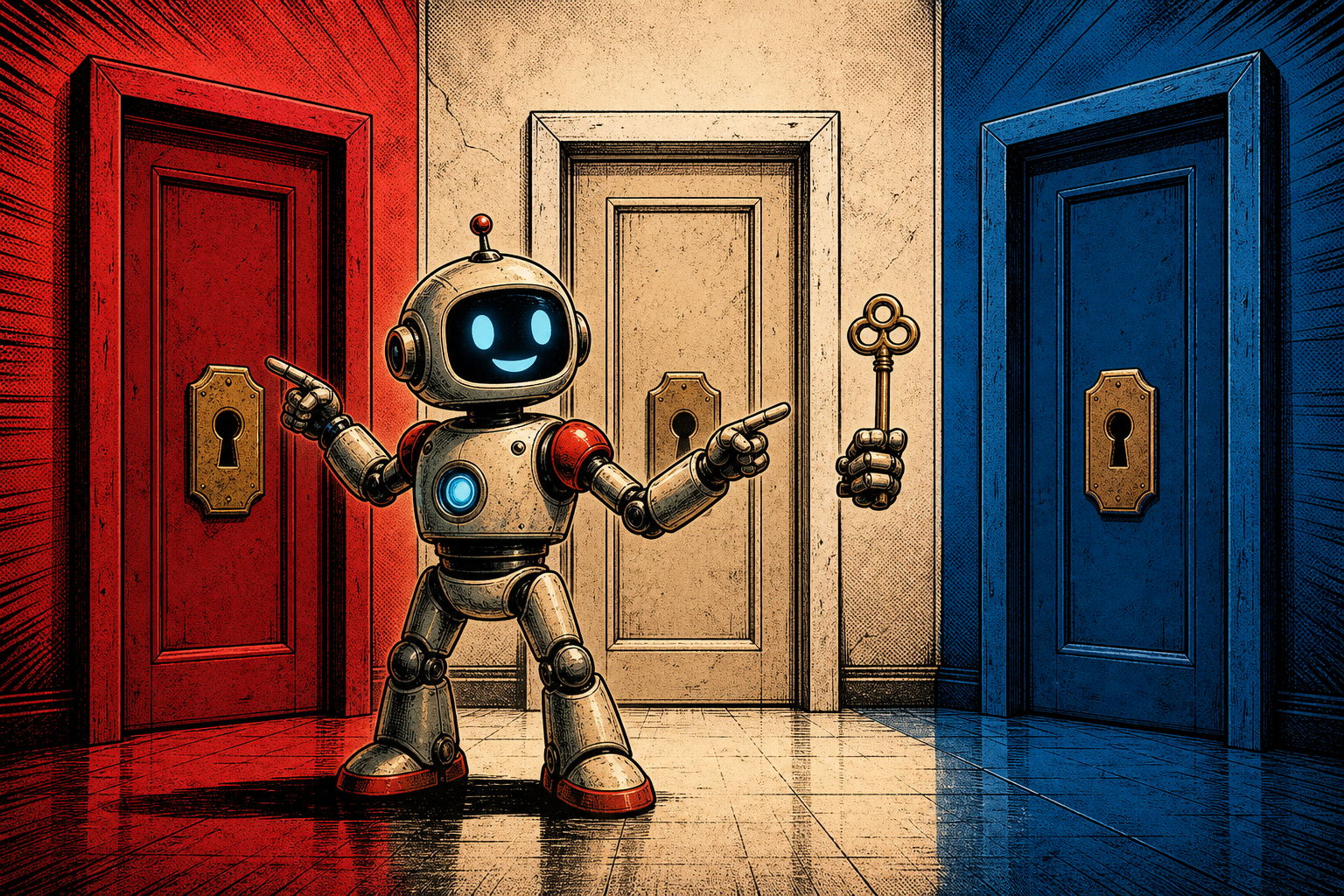 A friendly retro robot standing between three doors labeled LOCAL, ORIGIN, and GITHUB, holding one key that fits all three locks, pointing at the doors in turn.