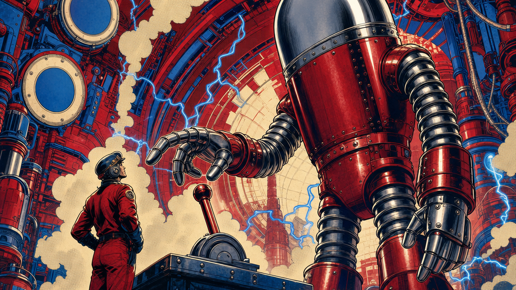 Retro-futurist editorial illustration: a tall chrome-domed coil-limbed robot hovers one coil arm above a single large unmarked lever on a low workbench while a much smaller human operator watches from beside it, in deep crimson and electric blue on warm cream.