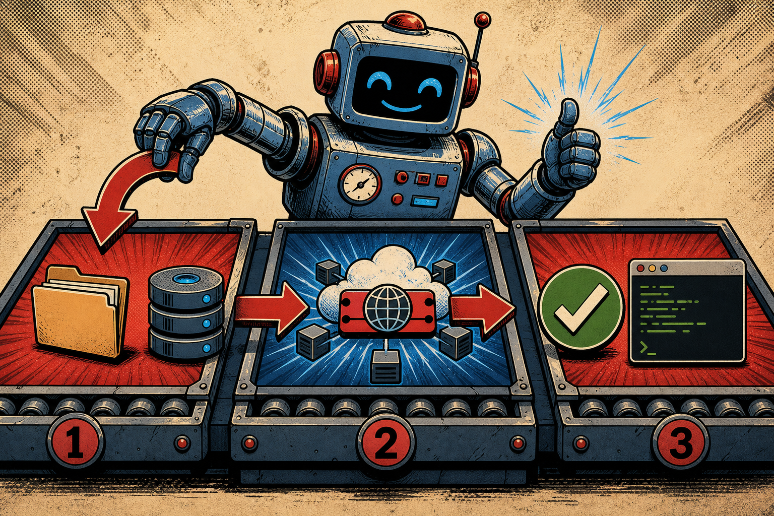 A friendly retro robot operating a 3-step assembly line: on the left an rsync step with a copy arrow pointing to disk icons, in the middle a CF PURGE label between two arrows, and on the right a green CHECKMARK verifying the deploy through a small CLI terminal window.