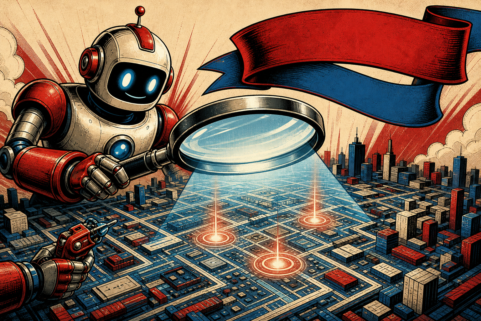 A friendly retro robot holding a giant magnifying glass over a sprawling codebase that looks like a city plan, shining the magnifying glass on three glowing search-result spots. Below the magnifying glass, the robot holds a small fix-it tool that is visibly secondary to the search. A banner across the bottom reads FIX LATER, SEARCH FIRST.