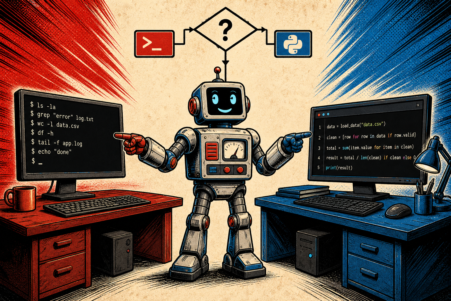 Bold graphic editorial illustration with a 1990s comic-book influence: confident heavy ink outlines, dynamic composition, dramatic rim lighting, subtle grunge/halftone texture. Palette: deep crimson red and electric blue accents on a warm cream/beige background. A friendly retro robot stands between two desks: on the left a TERMINAL DESK with a single shell prompt and one-line commands; on the right a PYTHON DESK with a small script editor showing 5 lines of logic. The robot points at whichever desk fits the task, with a small flowchart above.
