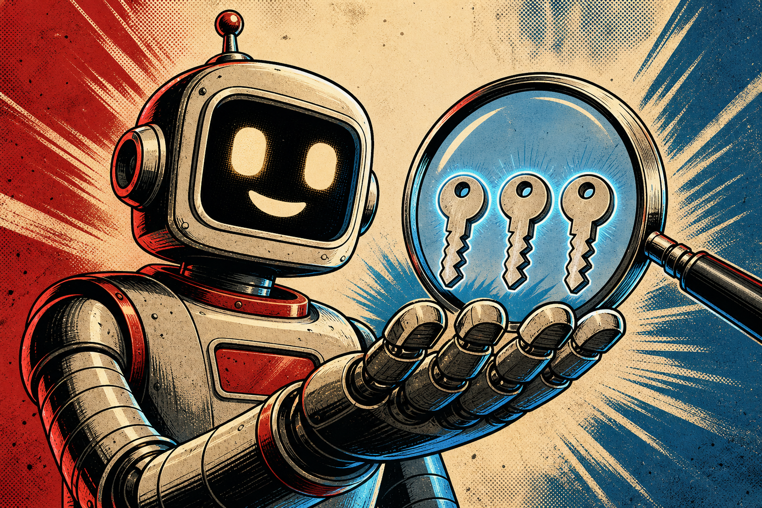 A friendly retro robot holding three tiny key-shaped SHA hashes side-by-side labeled LOCAL, ORIGIN, and GITHUB, with a magnifying glass hovering over them to confirm they all match.