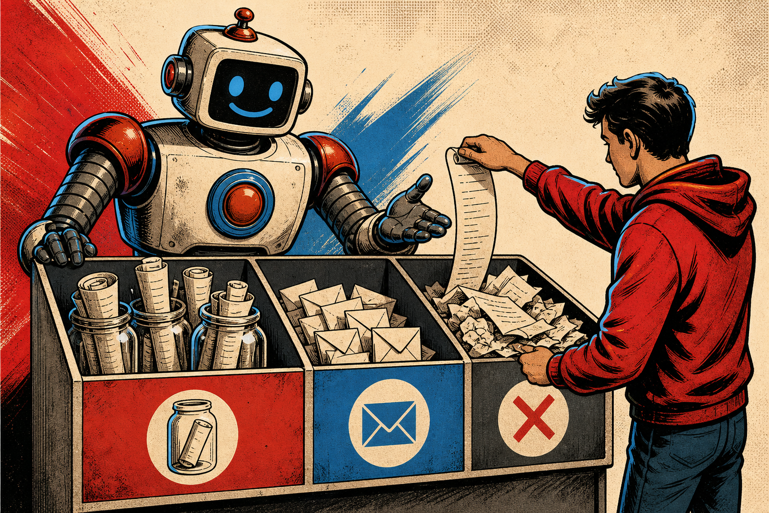 A friendly retro robot stands at a three-section sorting bin labeled /tmp/ (long scripts in jars), write_file (small files in envelopes), and AVOID (a messy pile of bash heredoc paper). A small human figure on the right places a long script into /tmp/ and a small note into write_file.